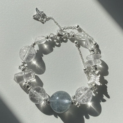 Sky Reflection | Aquamarine Moonstone Crystal Bracelet | Natural Energy Healing Gemstone Jewelry | Butterfly Charm | Adjustable
