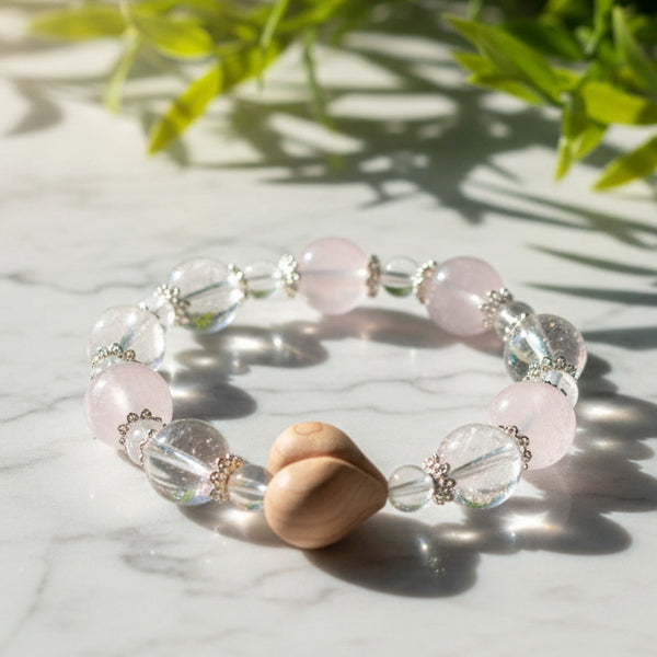 Rose Quartz & Clear Crystal Double Heart Wood Bead Bracelet - Healing Energy | Love & Balance