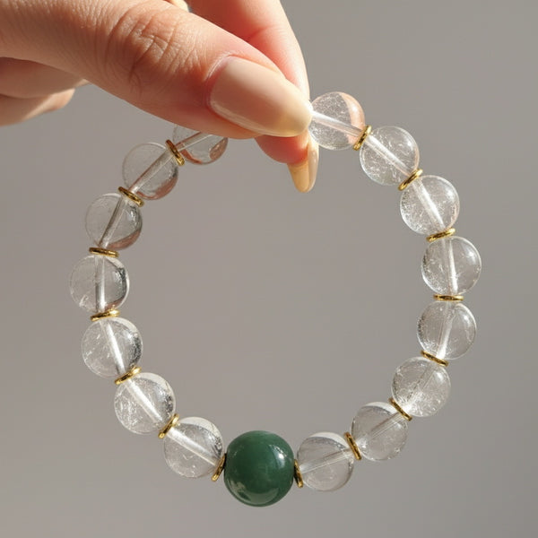 Clear Quartz Prosperity Bracelet with Green Aventurine Accent – Energy Balancing & Lucky Charm