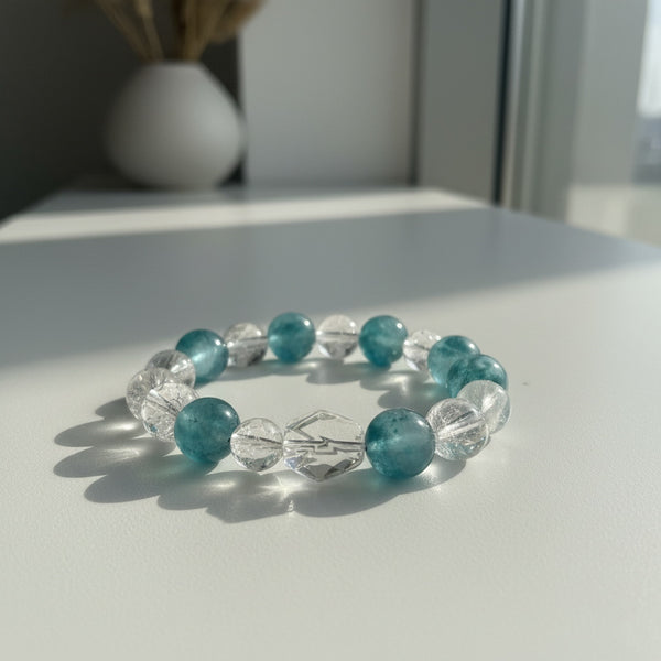 Natural Aquamarine & Clear Quartz Energy Bracelet - Calm, Wisdom & Clarity