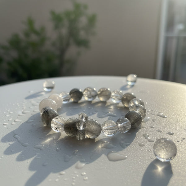 Natural Phantom White Quartz and Black Tourmalated Quartz Bracelet - Energy Balance & Enhanced Focus