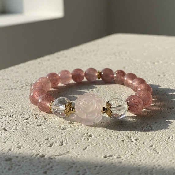 Strawberry Quartz Rose Quartz Bracelet - Love & Attraction Energy Healing Crystal Jewelry