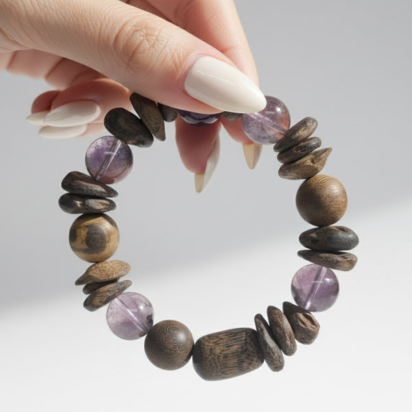 Energetic Healing Amethyst Agarwood Bracelet - Natural Crystal Gemstone Wood Bead Bracelet
