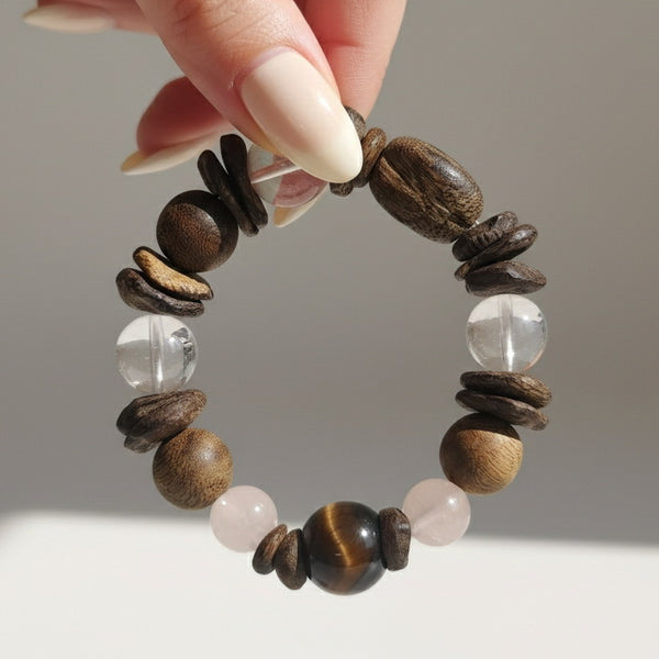 Natural Rose Quartz Agarwood Tiger Eye Bracelet | Crystal Energy Healing Jewelry | Stress Relief & Good Fortune
