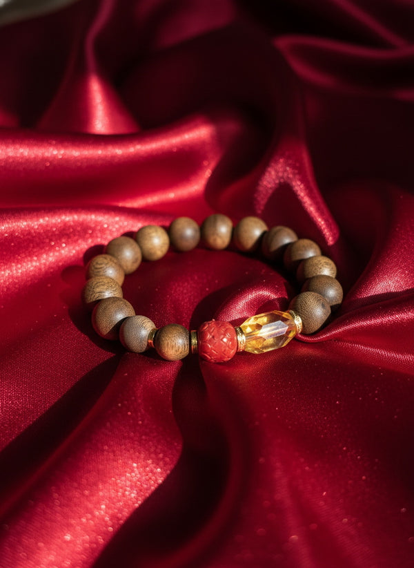 Natural Agarwood Prayer Beads Bracelet | Cinnabar Citrine Energy Bracelet | Unisex Feng Shui Luck & Prosperity Mala