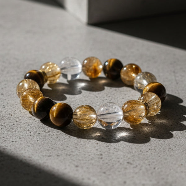 Golden Rutilated Quartz & Tiger's Eye Crystal Bracelet - Natural Energy Balance & Wealth Attraction
