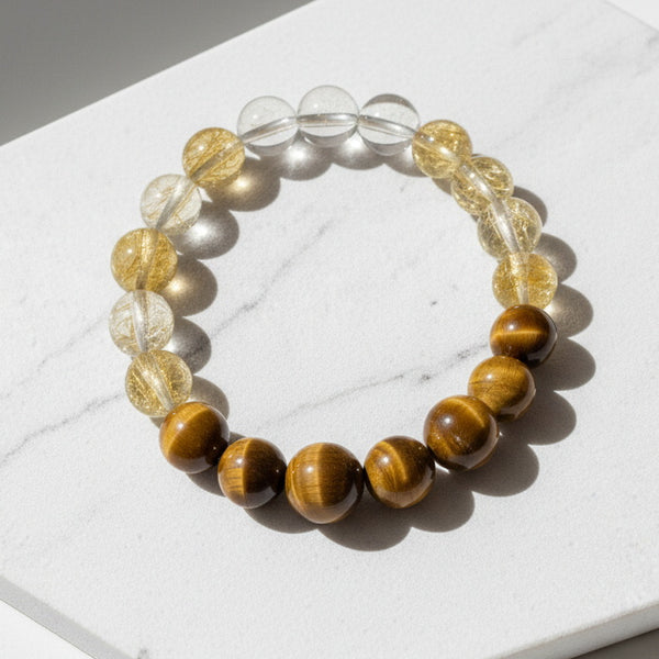 Natural Tiger's Eye Rutilated Quartz Clear Crystal Energy Bracelet - Wealth, Courage & Wisdom