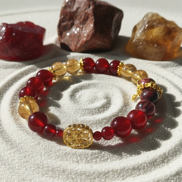 Lucky Wealth Natural Red Agate & Golden Rutilated Quartz Bracelet - Women's Energy Crystal Jewelry