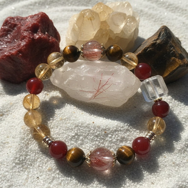 Exclusive Natural Energy Crystal Bracelet - Garnet, Tiger's Eye, Citrine, Strawberry Quartz - Healing & Prosperity Power Beads