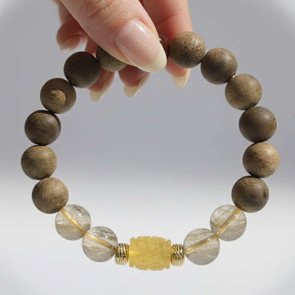 Natural Agarwood Golden Rutilated Quartz Bracelet - Energy Protection & Wisdom's Radiance