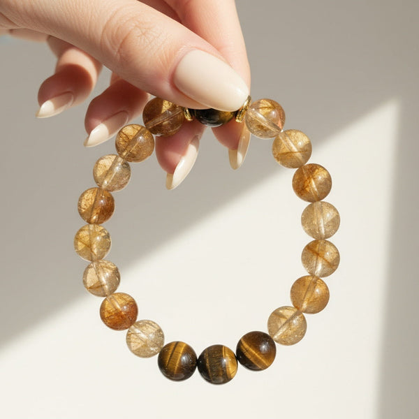 Golden Rutilated Quartz & Tiger's Eye Bracelet - Natural Crystal Energy Healing Bracelet for Wealth, Protection & Career