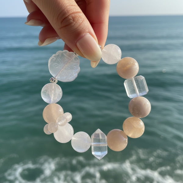 Rose Quartz Strawberry Quartz White Phantom Moonstone Crystal Bracelet | Emotional Healing & Prosperity
