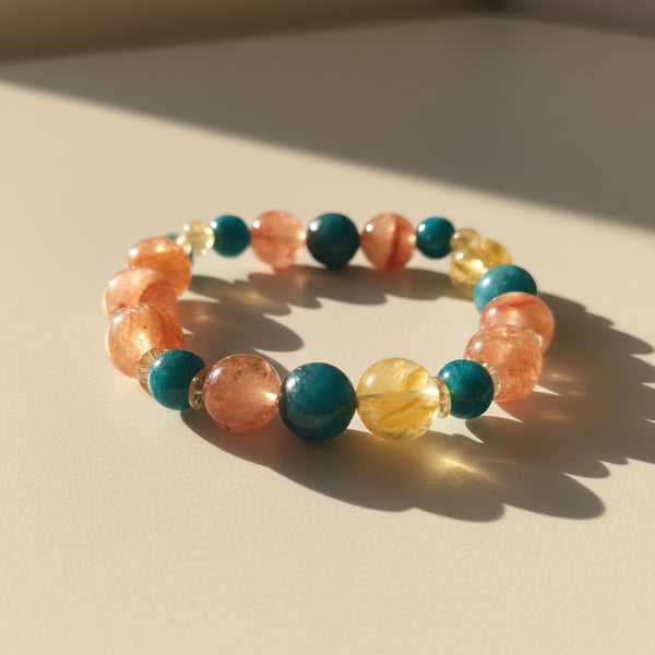 Natural Red & Yellow Phantom Quartz Amazonite Bracelet - Career Love Balance | Energy Crystal Beaded Bracelet