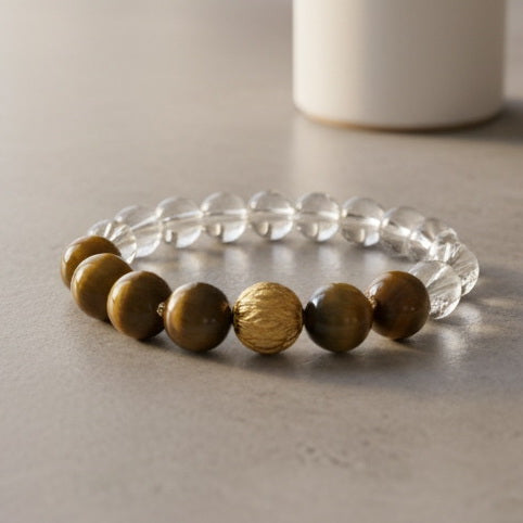 Tiger Eye & Clear Quartz Energy Bracelet - Prosperity & Good Fortune Charm
