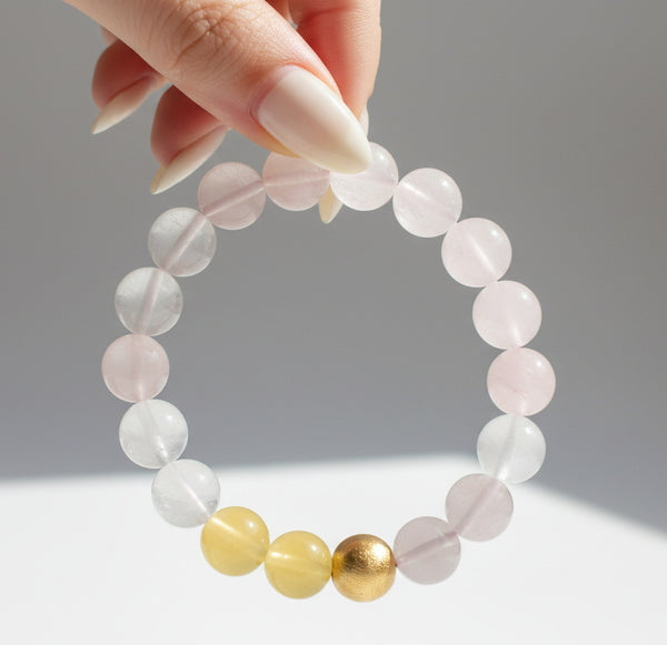 Healing Radiance: Rose Quartz & Strawberry Quartz with Gold Bead Bracelet - Love & Prosperity Crystal Energy Jewelry
