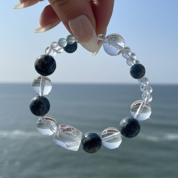 Deep Ocean Serenity: Natural Sodalite & Clear Quartz Crystal Bracelet - Healing & Balance | Unique Design | Gemstone Jewelry