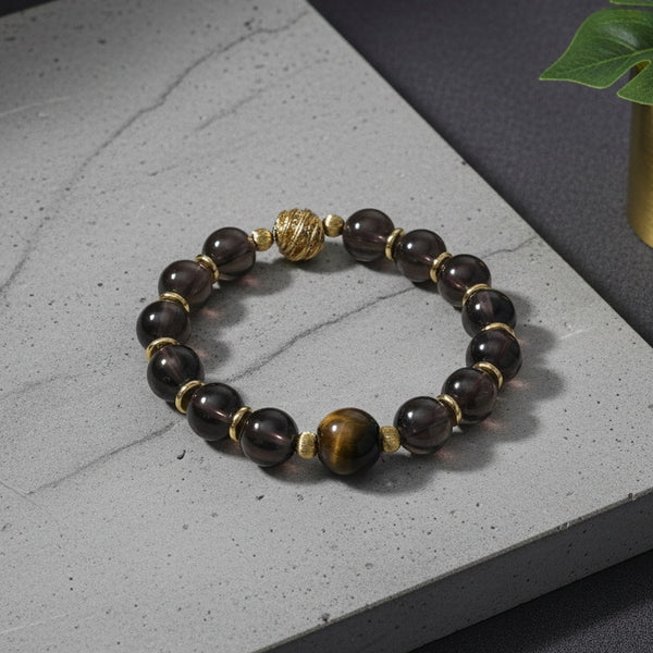 Natural Smoky Quartz & Tiger's Eye Crystal Bracelet | Energy Healing Gemstone for Men | Wealth & Protection Jewelry