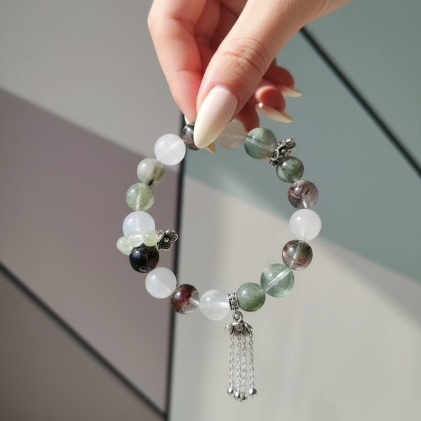 Natural Phantom Green Quartz, Green Fluorite & White Quartz Crystal Bracelet - Wisdom & Clarity | Energy Purify | Wealth & Protection