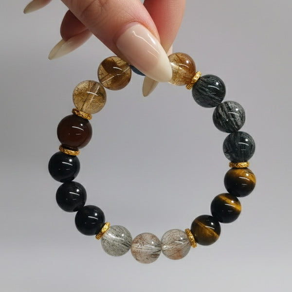 Natural Energy Crystal Bracelet - Multi-Gemstone Wealth & Luck Men's & Women's Hand Chain (Rutilated Quartz/Black Rutilated Quartz/Tiger's Eye/Obsidian)