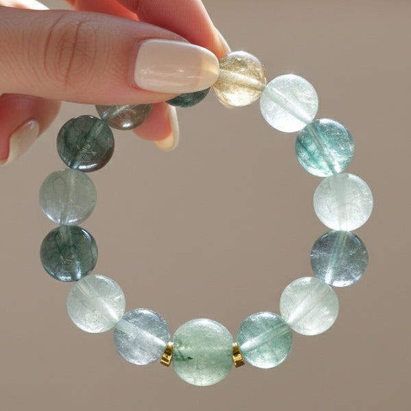 Natural Clear Multi-Gem Green Phantom Quartz & Fluorite Crystal Bracelet | Healing Energy Beaded Bracelet | Wealth Health Lucky Gift