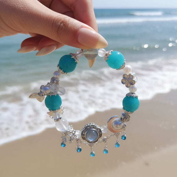 Moonstone Aquamarine Pearl Crystal Bracelet - Women's Energy Healing Beaded Jewelry