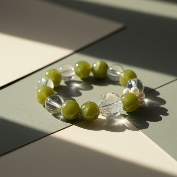 Natural Peridot & Clear Quartz Crystal Bracelet | Energy Cleansing & Luck Gemstone Jewelry | Pearl Accents