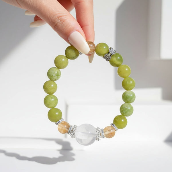 Natural Xiuyu Jade, Clear Quartz & Gold Rutilated Quartz Power Bracelet - Wealth, Protection & Luck