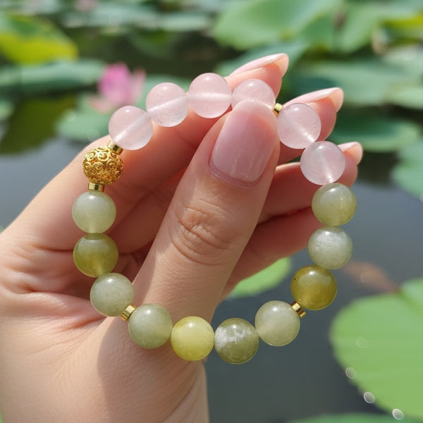 Natural Xiuyu Jade & Rose Quartz Beaded Bracelet - Gentle Healing & Heart Chakra Protection