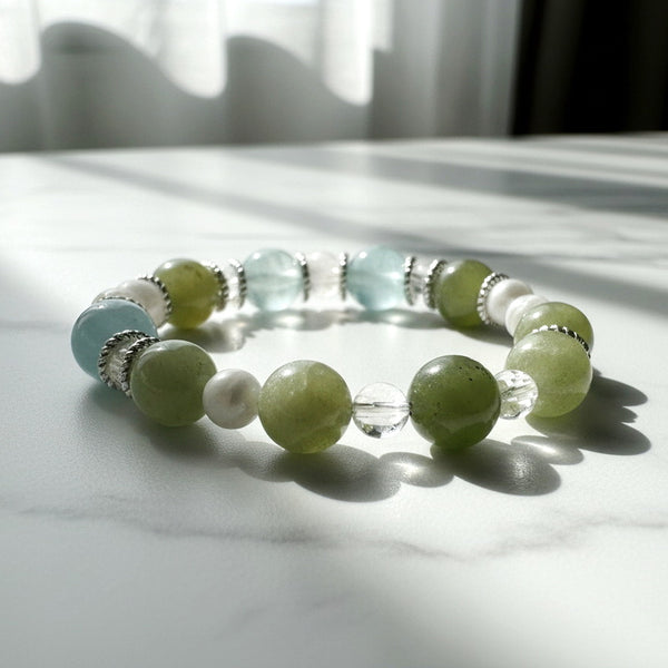 Natural Green Tourmaline Aquamarine Pearl Bracelet - Energy Healing & Balance