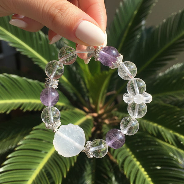 Natural Amethyst Phantom Quartz Bracelet | Crystal Energy Healing Jewelry | Elegant Women's Beaded Bracelet